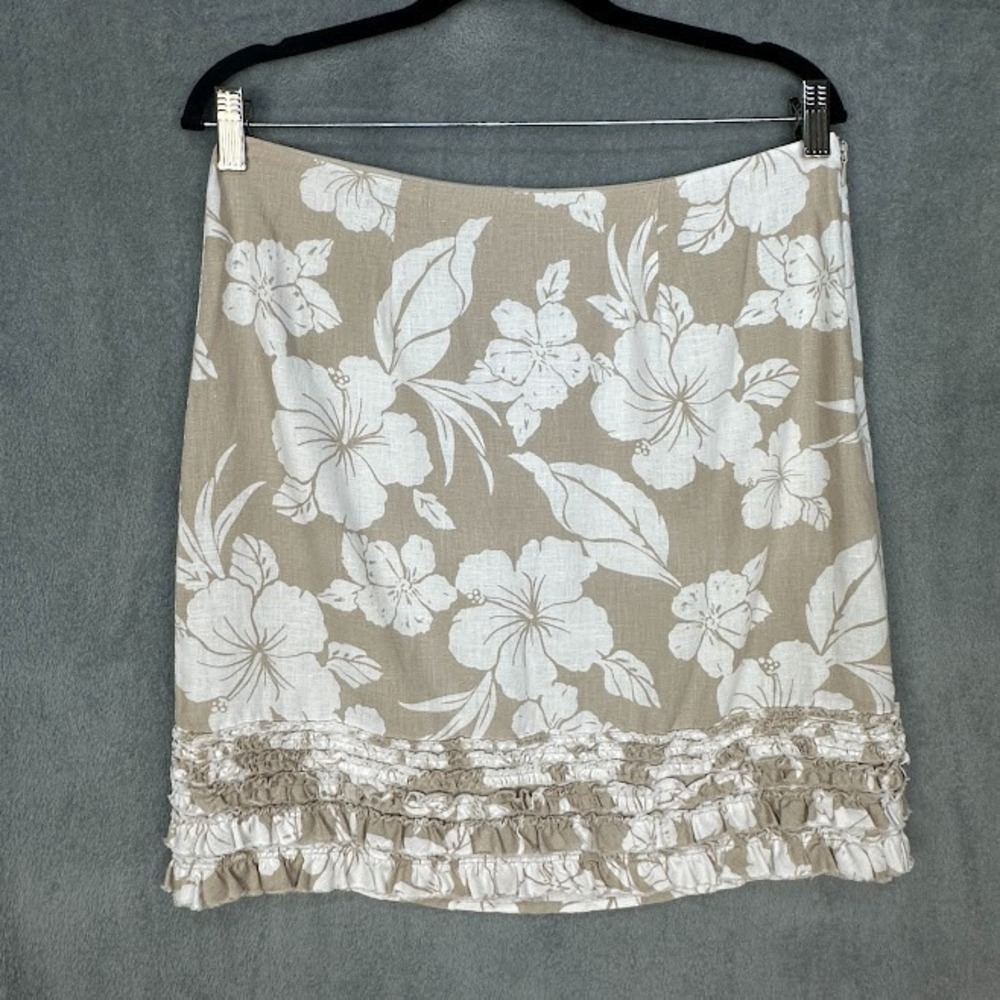 Tommy Bahama Skirt Women 6 Tan Floral Linen Ruffle Resort Preppy Coastal Neutral